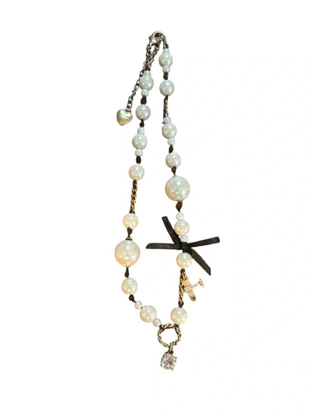 Betsey Johnson Vintage Pearl Charm Necklace Gold Tone Statement